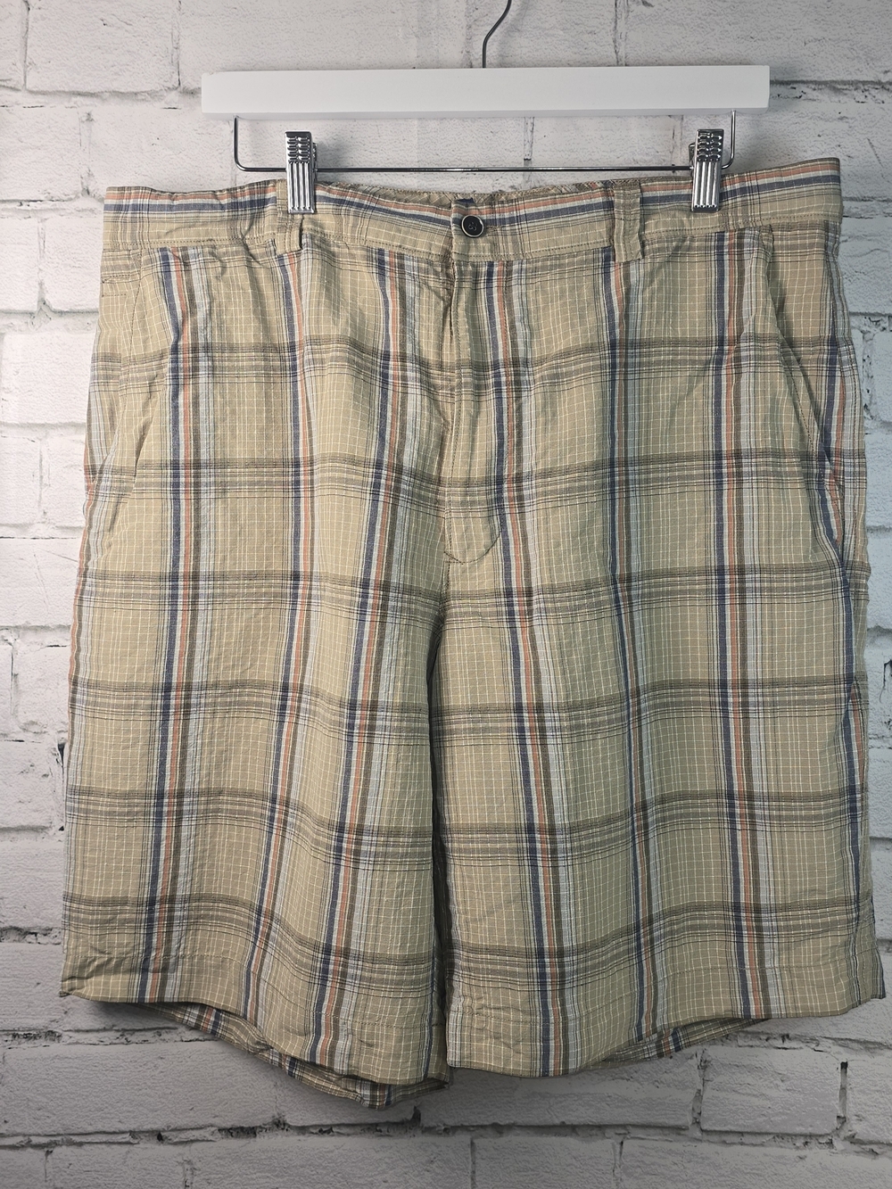 TOMMY BAHAMA PLAID LINEN-SILK BLEND SHORTS FLAT FRONT LIGHTWEIGHT TAN MENS 38